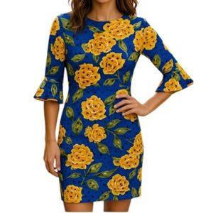SHELBY & PALMER Polka Dot Rose Pattern Midi Dress Gold Royal Blue Flute Sleeve 6